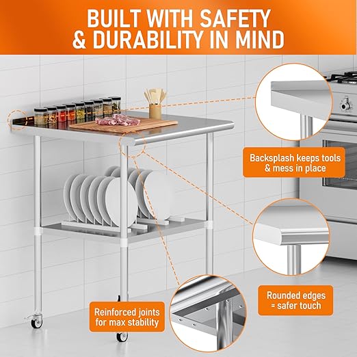 Stainless Steel Prep Table 24" X 30" with Adjustable Undershelf, Backsplash and Wheels, Commercial Metal Workstations for Kitchen, Garage, Outdoor BBQ