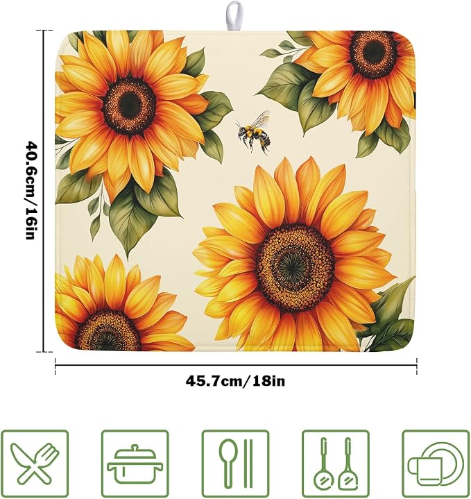 Sunflower Dish Drying Mat 16x18 Inch Absorbent Reversible Summer Drying Mat - Image 2