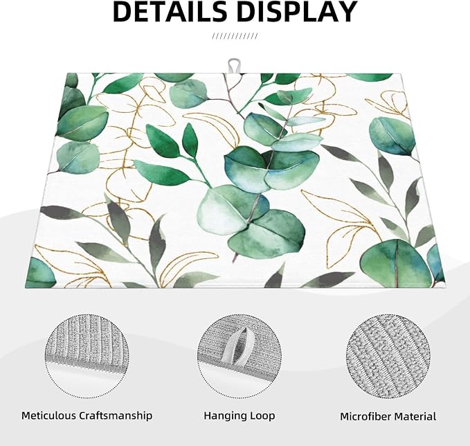 Green Leaves Dish Drying Mat For Kitchen Counter, Super Absorbent Microfiber - Image 3