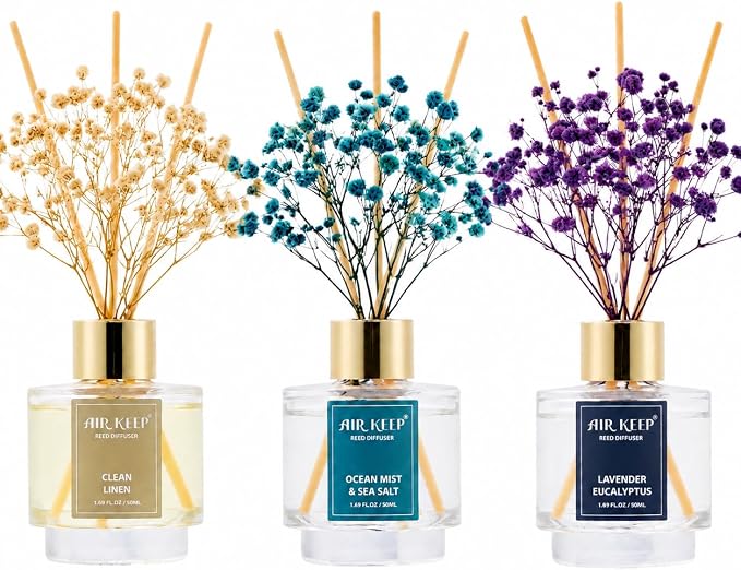 Reed Diffuser Set of 3, Clean Linen Ocean Mist&Sea Salt Lavender Eucalyptus Oil by Airkeep