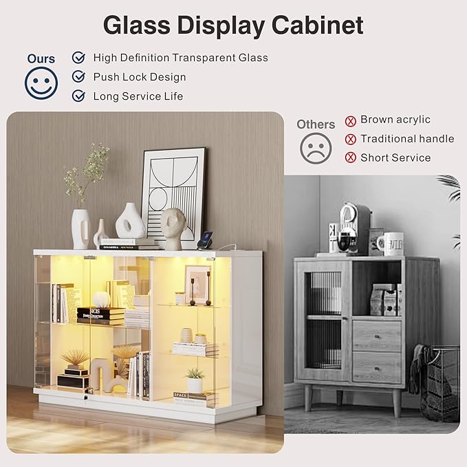 Lvifur Glass Display Cabinet with Lock & LED Light, High Gloss Sideboard with Human Body Sensor & Glass Shelves for Toys, Books, Collectibles, Liquor, Bookcase for Living Room, Kitchen, Study, White