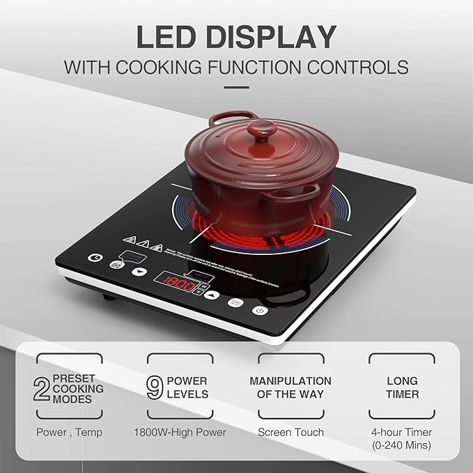 VBGK Electric Cooktop,110V Electric Stove Top,Single Burner LED Touch Control,9 Power Levels, Kids Lock &Timer,Overheat Protection,1800W Portable Induction Cooktop.