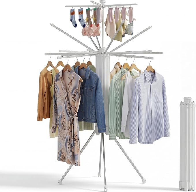 RFOUO Foldable Clothes Drying Rack Aluminum 4 Legs 16 Rods Double Layer | by RFOUO