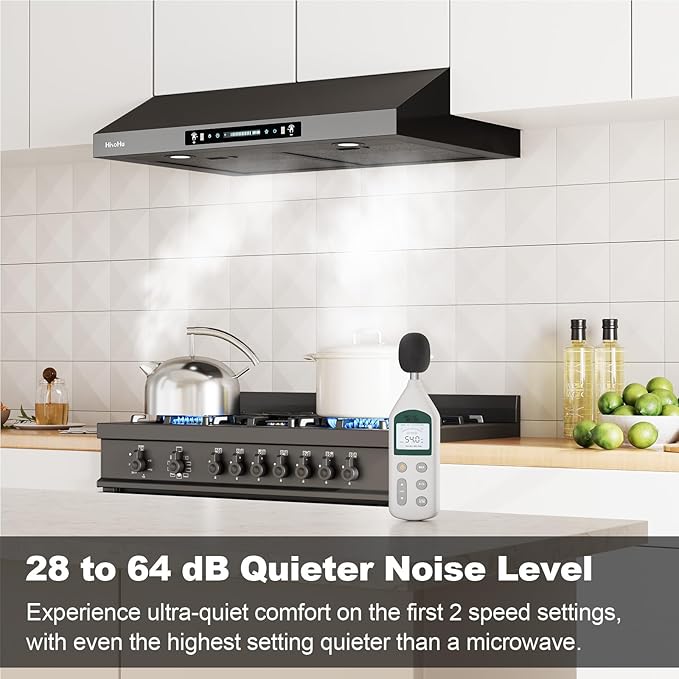 HisoHu 30 Inch Under Ducted Cabinet Range Hood with 1200 CFM, 4 Speed Gesture Sensing Kitchen Exhaust Hood & Touch Control Panel, Stainless Steel Stove Vent Hood with 2 LED Lights（Black）