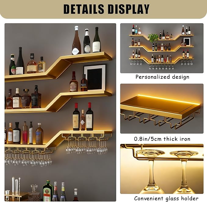 78.7in Modern LED Wine Rack Wall Mounted, 3-Tier Floating Bar Shelves with Wine Glass Rack, Large Hanging Liquor Shelf Wall Mounted, for Home Bar Dining Room Cafe Decorative (Gold, 78.7in/200cm)