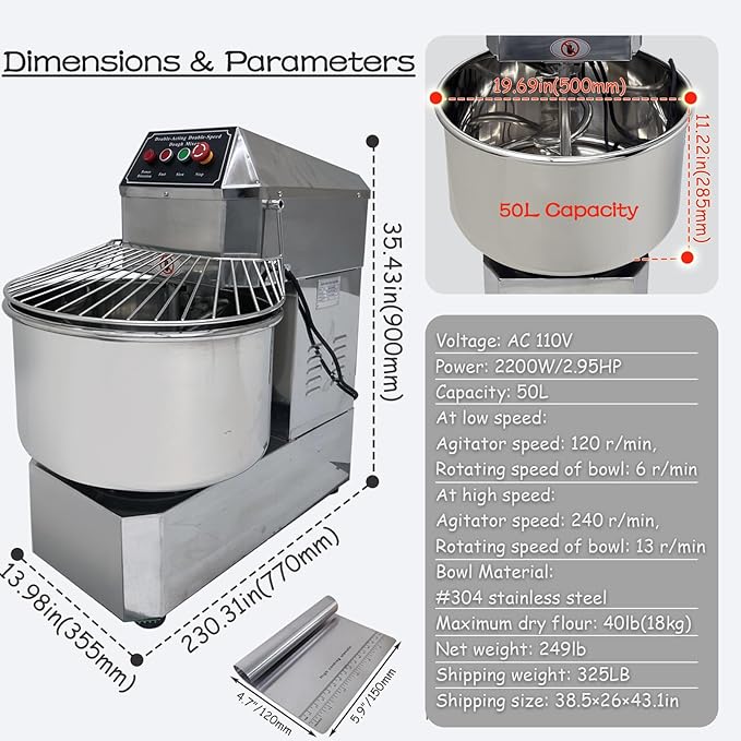 INTSUPERMAI Commercial Dough Mixer Machine Electric Food Mixer with Double Action Double Speed Spiral Mixing for Schools Bakeries Restaurants Pizzerias 110V (Standard Type, 50L)