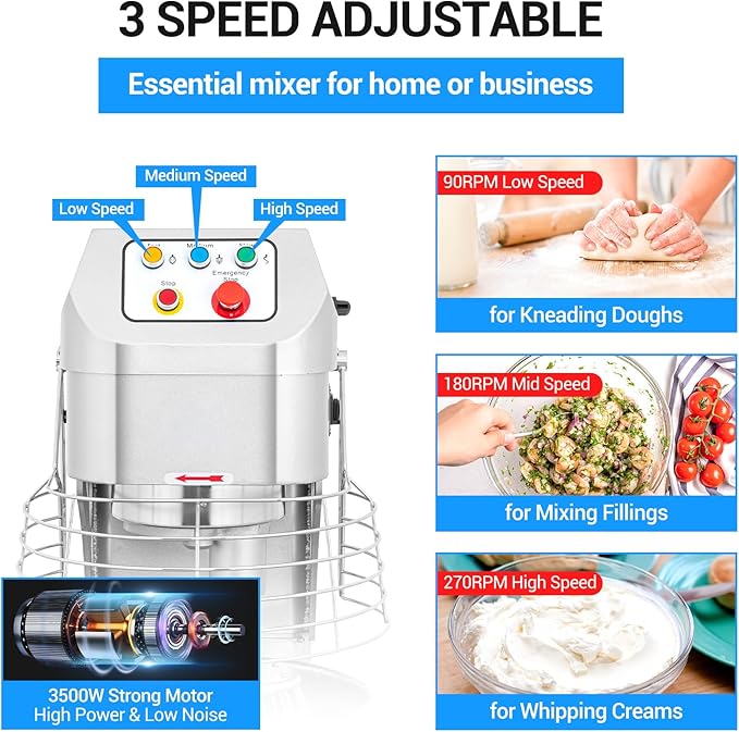 60Qt Commercial Dough Mixer by LEEVOT - 3000W Heavy Duty Electric Stand Mixer, 3 Speeds Planetary Floor Mixer with Stainless Steel Bowl, for Kitchen, Bakery, Pizzeria (230V 1-Phase)