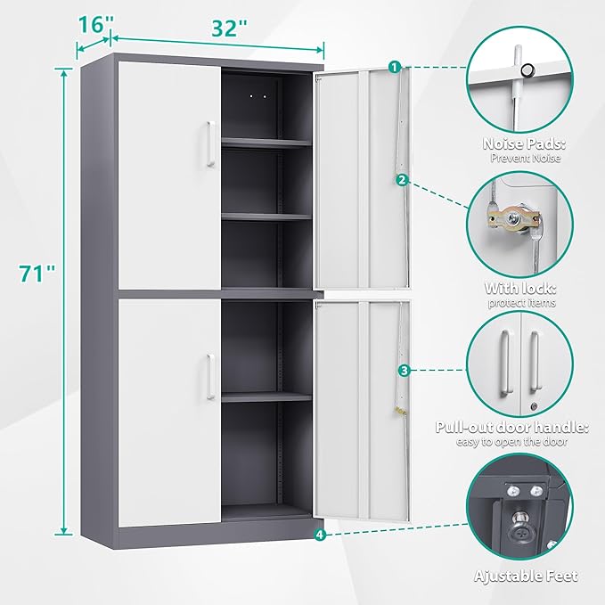 SISESOL Storage Cabinets With Doors And Shelves, 71'' Metal Garage Cabinet Locking, Adjustable Layers For Home Gym, bathroom, kitchen, office, Gray White