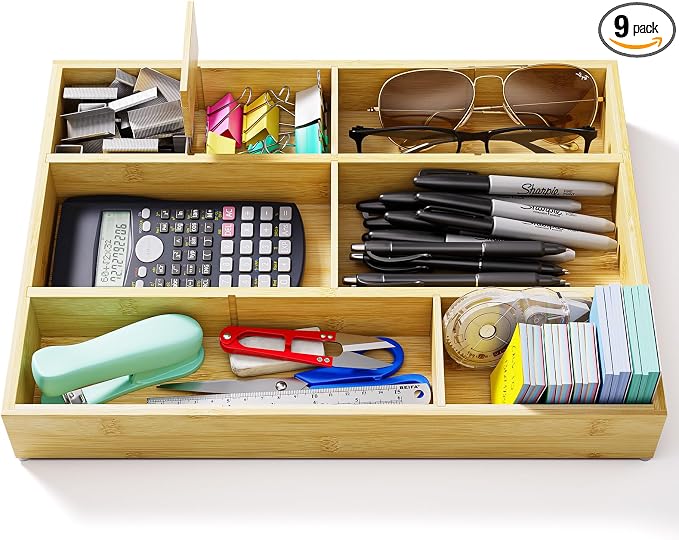Bamboo Drawer Organizer with 9 Adjustable Compartments, Desk Storage Tray | by VA1KENE