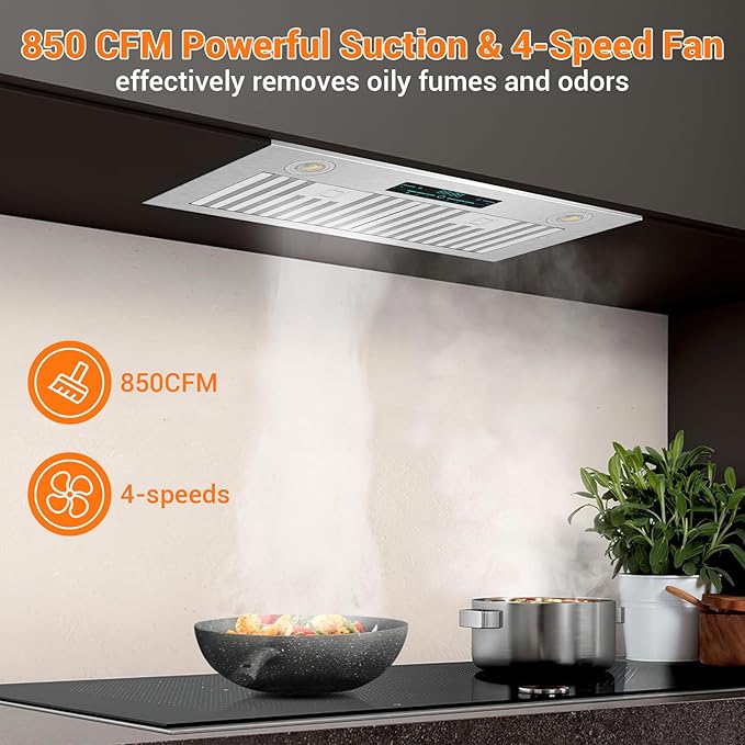 Range Hood 30 Inch Insert, 850 CFM Built-in Range Hood, Stainless Steel Kitchen Vent Hood with 4-Speed,Ducted/Ductless Hood Range with Bright LED Lights, Smart Control Panel