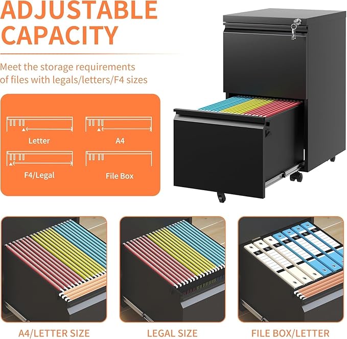 Fully Assembled 2 Drawer File Cabinet, Locking Full Steel Filing Cabinet, Quiet Slides, Anti-Tipping Wheels, Fits A4/Letter/Legal, for Home & Small Office, Matte Black