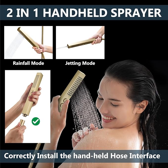 Aolemi Shower Faucet Set Ceiling Mount Shower System Rough-in Valve and Shower Trim Kit 2 in 1 Handheld Spray Push Button Diverter 16 and 6 Inch Dual Shower Head Brushed Gold