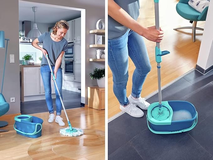 Leifheit Clean Twist Disc Mop Ergo Mop and Bucket, Floor Mop with Moisture-Controlled Spin Mop, Easy-Steer 360 Joint Microfibre Mop Head, 33cm Wide, Twist Mop