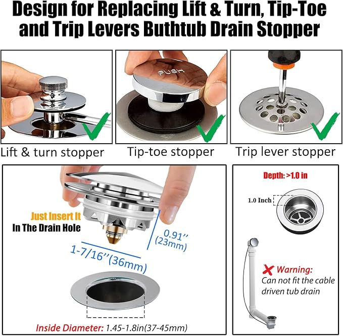 Anlige Bathtub Drain Stopper, Pop Up Tub Stopper and Cover, Bottom - Image 2