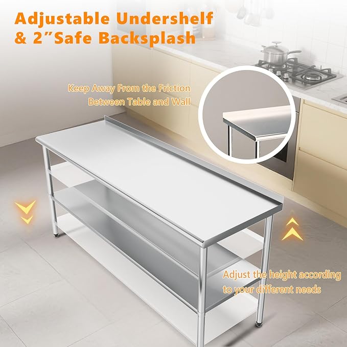 ROVSUN 72'' x 24'' Stainless Steel Table for Prep & Work,Commercial Worktables & Workstations,Heavy Dut Metal Table with Adjustable UnderShelf & Backsplash for Kitchen, Restaurant,Home,Hotel