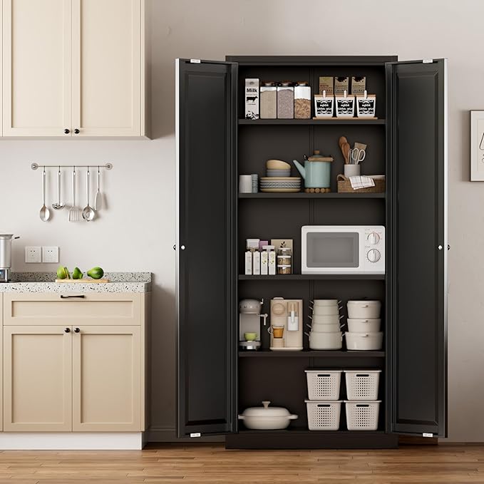 Greenvelly Metal Cabinet, 63" H Black Metal Storage Cabinet with Doors and 4 Shelves, Pantry Storage Cabinet for Kitchen, Bedroom, Living Room, Office (Modern)