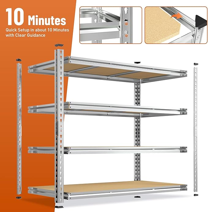 Garage Shelving Load 2600LBS, 4-Tier Storage Shelves, Adjustable Garage Shelves, Shelving Units and Storage, Metal Shelf for Kitchen, Pantry, Warehouse, 48" W x 60 "H x 24.1" D, Galvanized