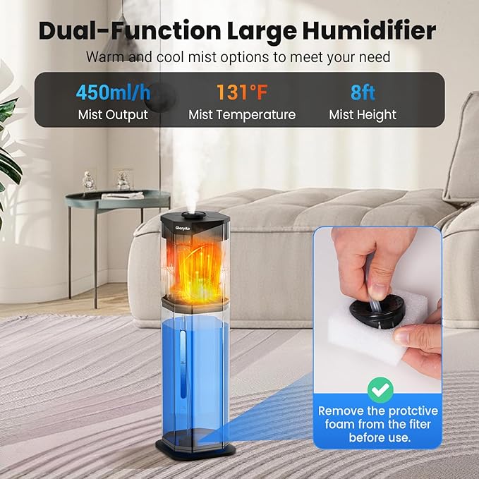 Humidifiers for Bedroom - GloryAir 2.38Gal/9L Top Fill Warm & Cool Mist Humidifier for Large Room 750ft² with Auto Mode 7-Color Light, Humidistat, Quiet Humidifier for Plants Baby Adults Home & Office