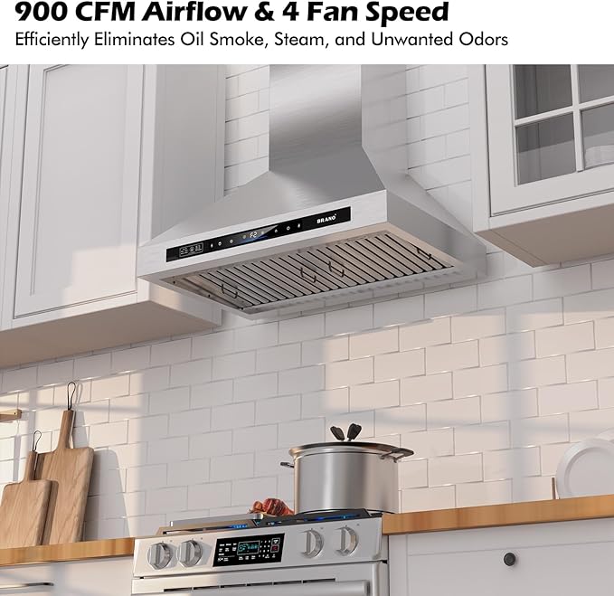Wall Mount Range Hood 30 inch，900 CFM Kitchen Hood with Voice/Gesture/Touch Control，Vent Hood in Stainless Steel With Ducted/Ductless Convertible, 4 Speed Exhaust Fan