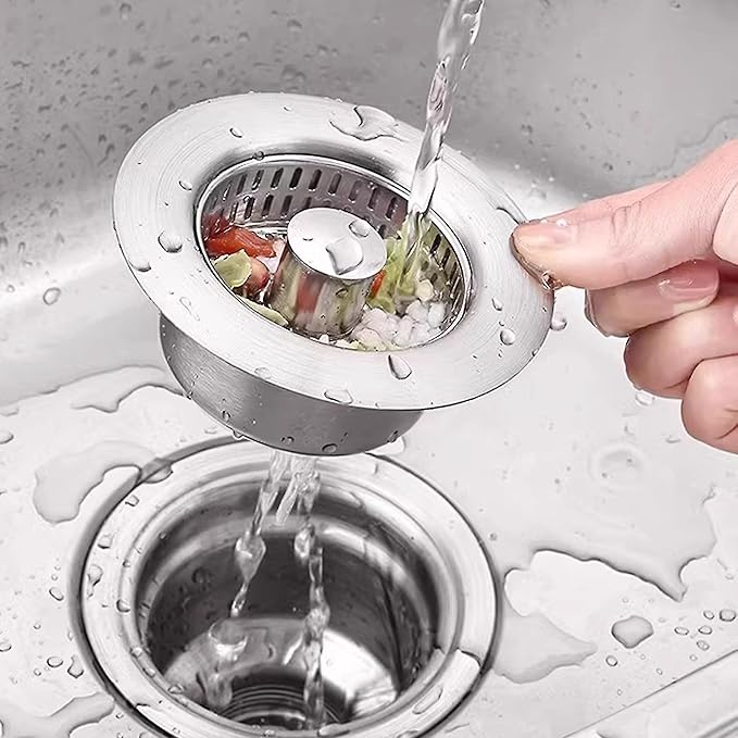 3 in 1 Pop Up Kitchen Sink Drain Strainer, with an Extra Basket Strainer, Kitchen Sink Drain Stopper for US Standard 3-1/2 Inch, Brass Material Electroplate Silver (Model C Stainless Steel)