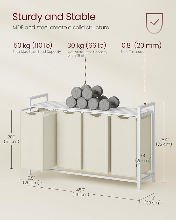 VASAGLE Laundry Hamper with Shelf, 4 Pull-Out Bags, 4 x 10.6 Gallons - Image 5