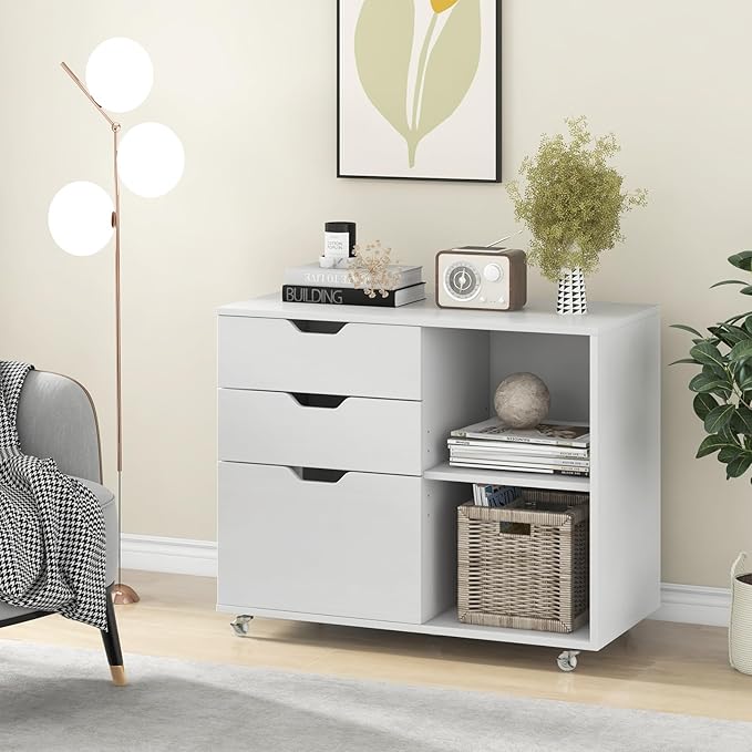 File Cabinet, Mobile Filing Cabinet w/Universal Wheels & 3 Drawers, Wood Printer Stand with Storage, Rolling File Cabinets for Home Office, Living Room, Bedroom (White, 3 Drawers)