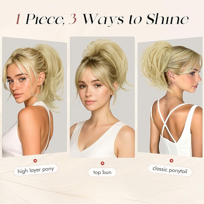 SOFEIYAN Claw Clip Hair Buns Hair Piece DIY Bendable Wires Short Ponytail Extension Fluffy Fake Hair Piece Straight Synthetic Hair Ponytail Extensions for Wonen - Golden Blonde with Highlights