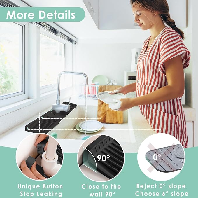 24-Inch Silicone Faucet Mat for Kitchen Sink Splash Guard, 7° Slope | 24"x5.5" - Image 5