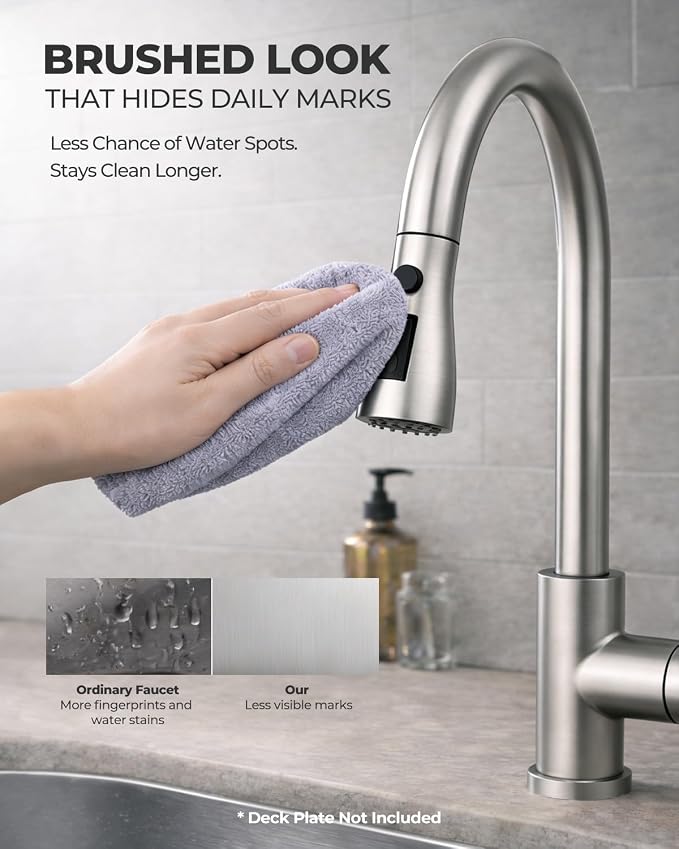 WEWE Pull-Down Kitchen Faucet, 3-Mode Sprayer, Brushed Nickel, High Arc | 360° - Image 2