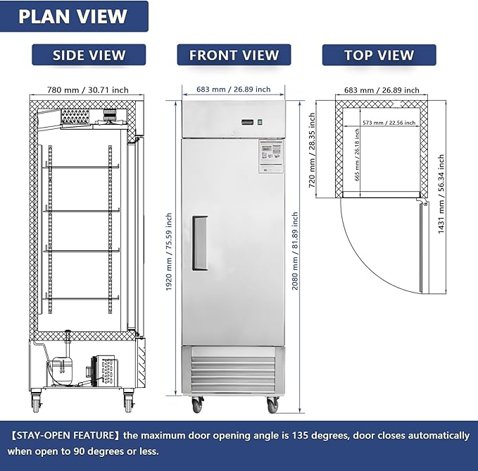 27" Commercial Freezer, Upright Freezer with 1 Solid Door, -8℉ ~ -2℉, 19 Cu.Ft Reach-in Freezer, Stainless Steel Interior and Exterior Construction, ETL and DOE
