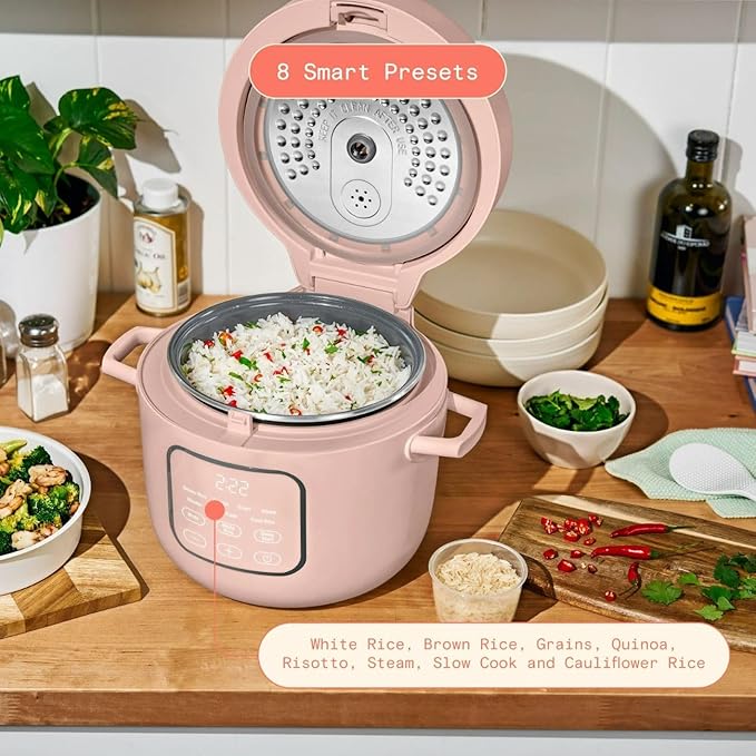 Beautiful 14-Cup Electric Rice & Grain Cooker, Ceramic Nonstick, 8 Presets, Slow Cook, Steamer Tray (Rose)