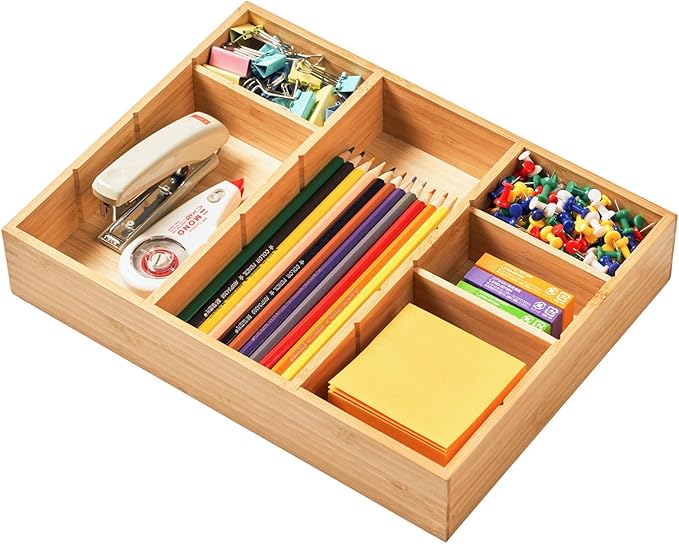 Bamboo Desk Drawer Organizer, Wood Junk Organizer Tray by Umilife