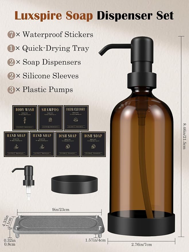 Luxspire 17 oz Glass Liquid Soap Dispenser Set, Amber + Dark Gray, 2 Pack | - Image 7