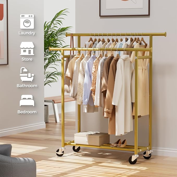 HYSEYY Clothes Rack, Double Rods Rolling Clothing Rack - Image 7