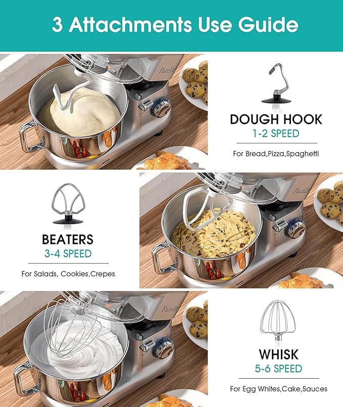 Facelle Stand Mixer, Electric Kitchen Mixer, 660W 6 Speed Tilt-Head stand mixer with Pulse, Attachments include 6.5QT Bowl, Dishwasher Safe Beater,Dough Hook,Whisk for Dough,Baking,Cakes,Cookie-Silver