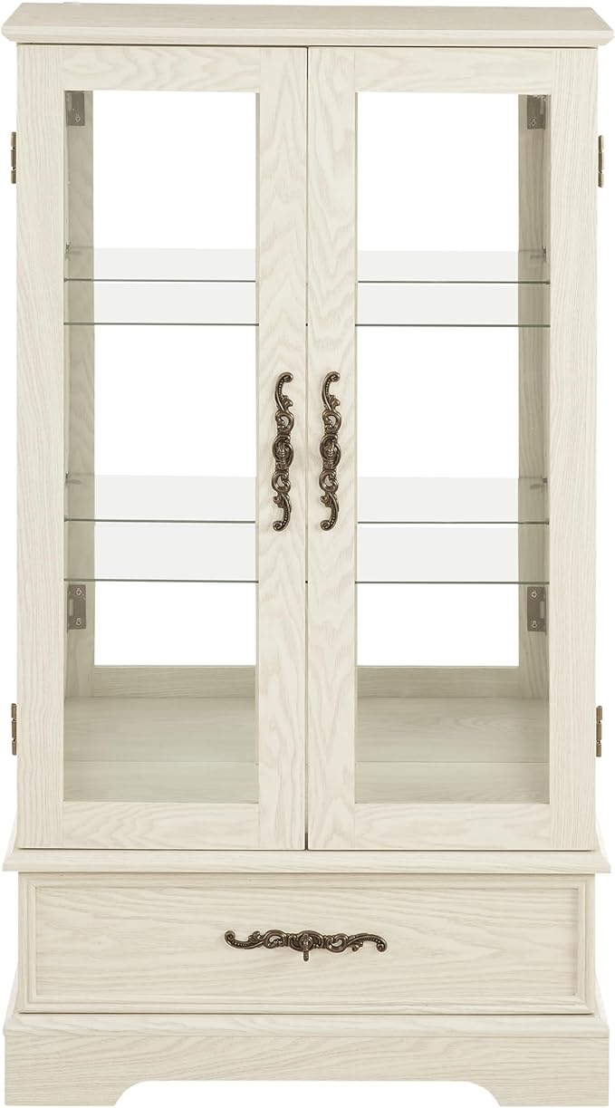 47" H Lighted Curio Cabinet Display Case, Glass Case with Adjustable Shelves,Tempered Glass Door and Drawer, Wooden Curio Cabinet with Mirrored Back Pane for Living Room (Antique White)