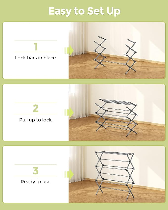 3-Tier Foldable Clothes Drying Rack, 37.6" H, Tool-free Assembly, Extendable - Image 6