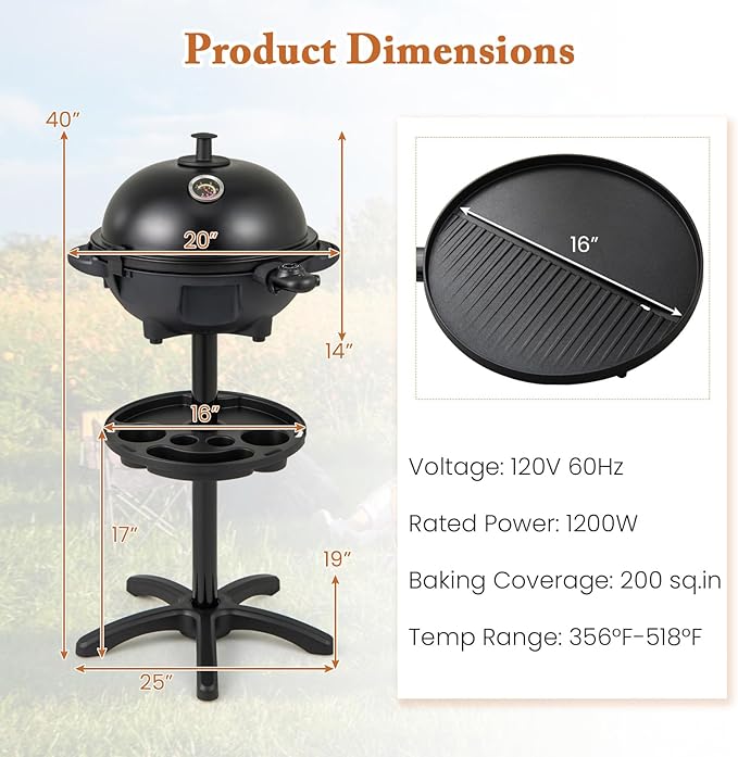 Giantex Electric Grill Outdoor, 1200W Electric BBQ Grills Outdoor Cooking with Lid & Thermometer, Nonstick Griddle, Drip Tray, 2-in-1 Freestanding & Tabletop Grill for Apartments Backyard Party
