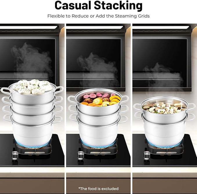 Steamer 32.5cm/12.8in, 5-tier Stainless Steel Steam Cooker w/Visual Lid & Handles, Home Round Stackable Multipurpose Steam Pot for All Stoves (1xBottom Pot, 3xSteaming Baskets, 2xSteaming Slices)