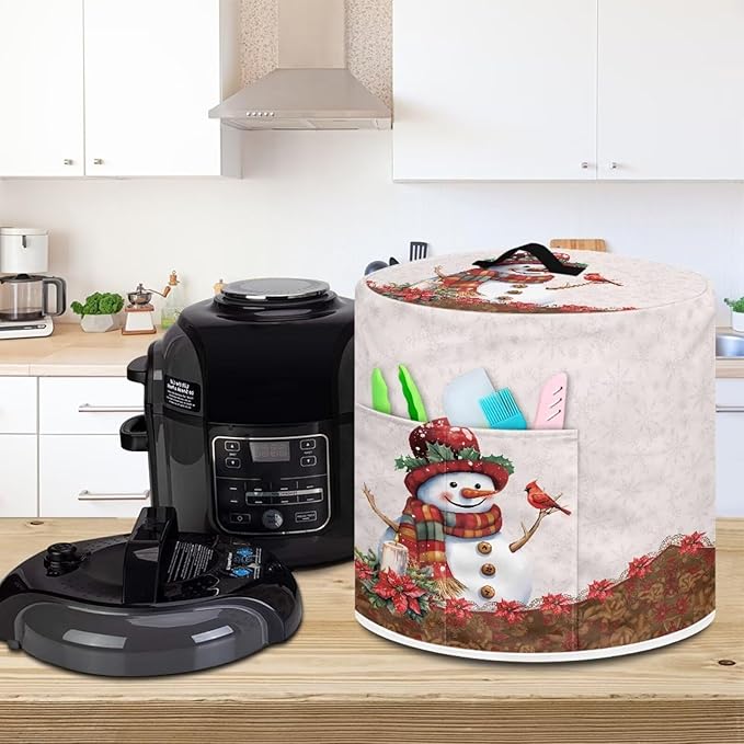 3 Quart Pressure Cooker Dust Cover with Top Handle and Storage Pocket Home Kitchen Decor Air Fryer Rice Cooker Stain-Resistant Cover Christmas Cute Snowman Print