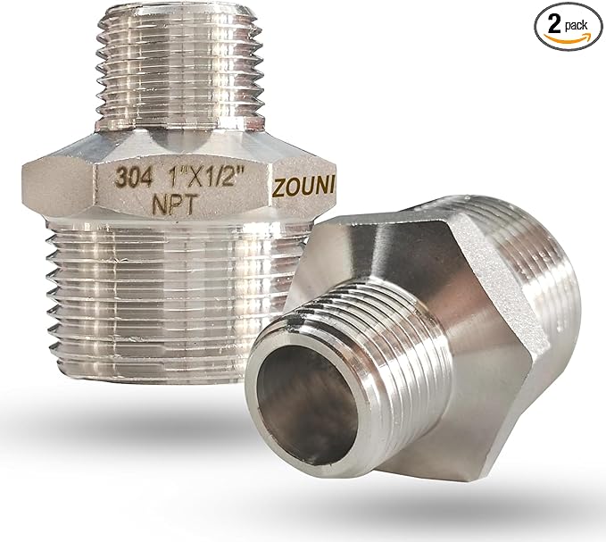 ZOUNI Reducing Hex Nipple, 304 Stainless Steel 1" NPT Male x 1/2" NPT Male Pipe Fitting Reducer Nipple Adapter 2000psi Reducer Straight Connector (2pcs, 1"-1/2")