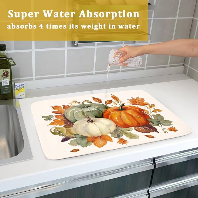 Giwawa Fall Pumpkin Dish Drying Mat Autumn Leaves Absorbent Dishes Pad 18x24 - Image 7