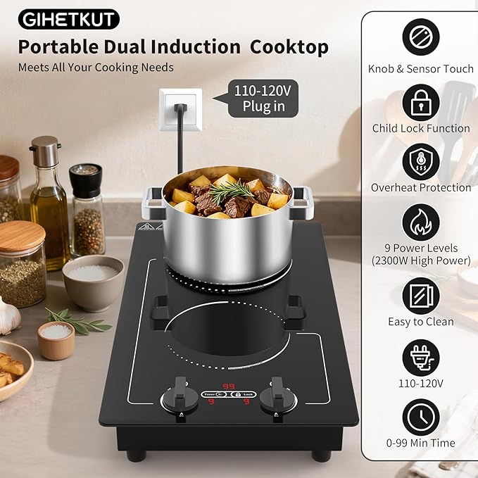 Double Induction Cooktop, 110V 2300W hot plate with LED Touch Screen, 9 Power Levels, Kids Lock & Timer, Overheat Protection, knob and touch control 2 burner Induction cooktop