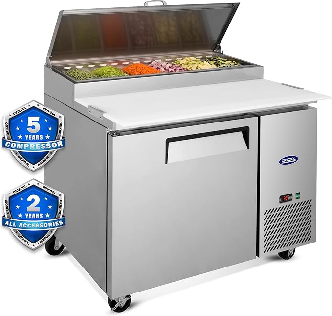 44" Commerical Pizza-Sandwich Prep Table Refrigerator - One Door Stainless Steel Refrigerator, 11 Cu.ft Capacity, Low Noise, Adjustable Shelves, Auto Defrost, Digital Temp Control