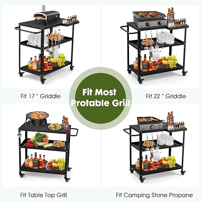 Outdoor Grill Cart Table,Indoor and Outdoor Pizza Oven Table,with 4 Movable Total Lock Casters, Hooks, Side Handle Multifunctional (Black) (Black)