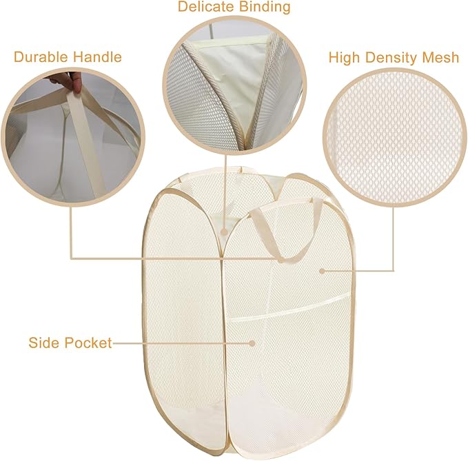 Pop Up Laundry Basket Folding Laundry Hamper Mesh Hamper Storage Bin | Beige - Image 2