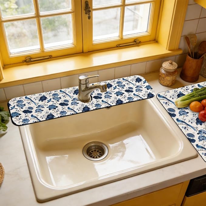 3 Pcs 2 Size Kitchen Sink Splash Guard Faucet Mat Blue Flowers and Birds - Image 5