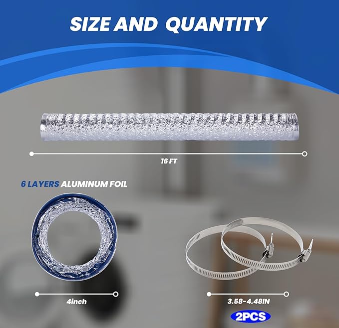 Dryer Vent Hose 4 Inch x 16FT - Flexible Aluminum Dryer Hose with 2 Clamps - Heavy-Duty 6-Layer Dryer Vent Hose for Tight Spaces, HVAC, Bathroom, and Kitchen Exhaust Ventilation