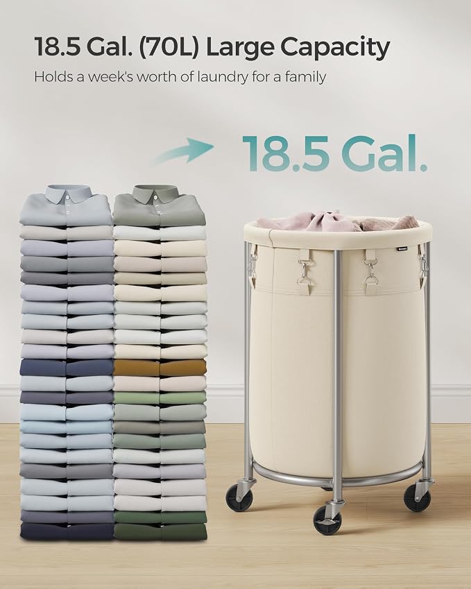 SONGMICS Laundry Basket with Wheels, 18.5 Gal., Steel Frame, Removable Bag - Image 3