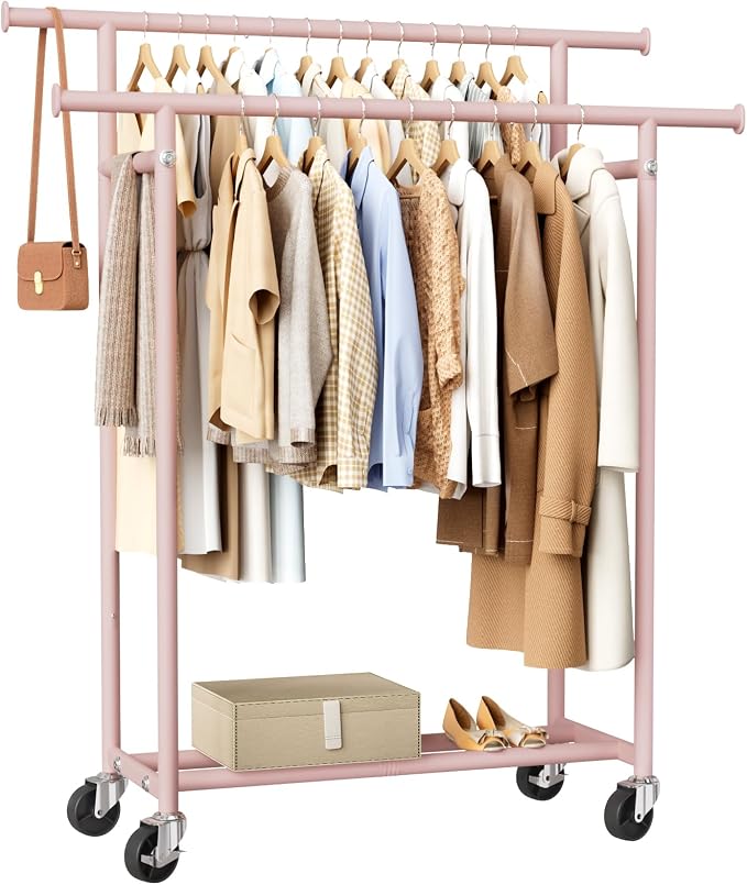 HYSEYY Clothes Rack, Double Rods Rolling Clothing Rack by HYSEYY